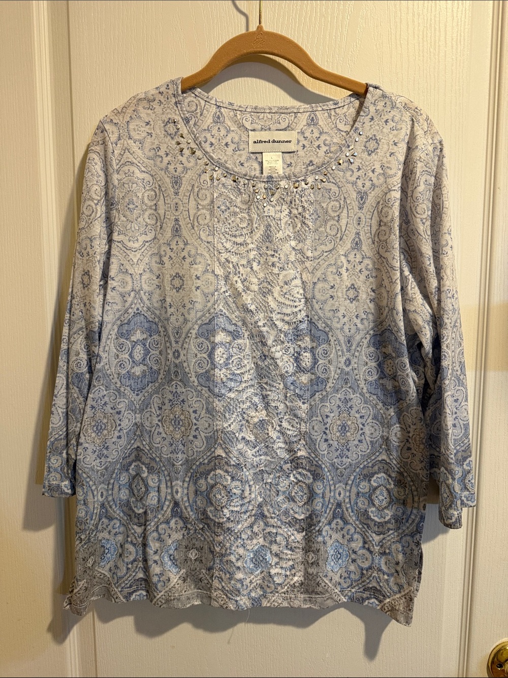 Alfred Dunner Light Blue Paisley Scoop Neck Embellished Top